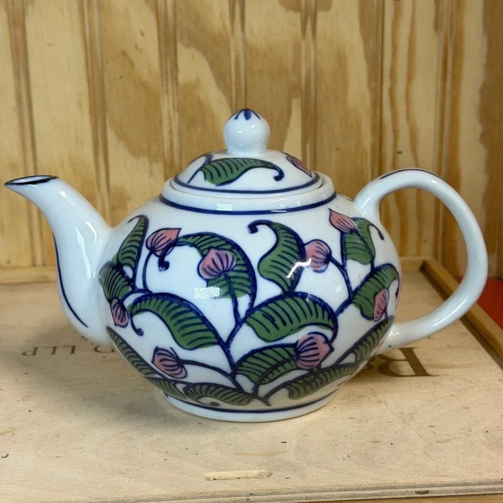Vintage Hand Painted Ceramic Teapot‎ Pink Floral Green Leaf Blue Trim Made China